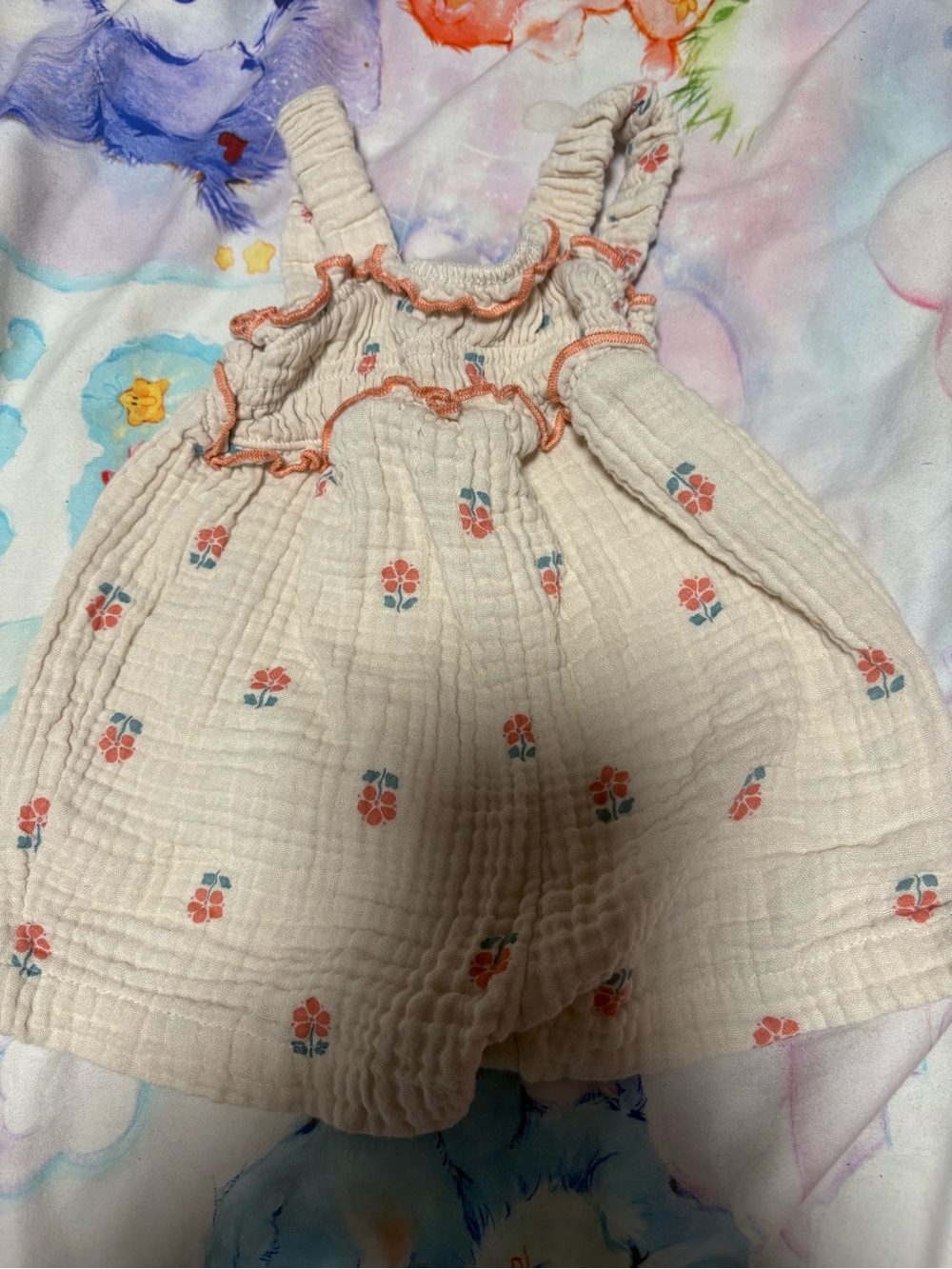 7/$30 Floral Muslin Romper - Cream with Coral Flowers